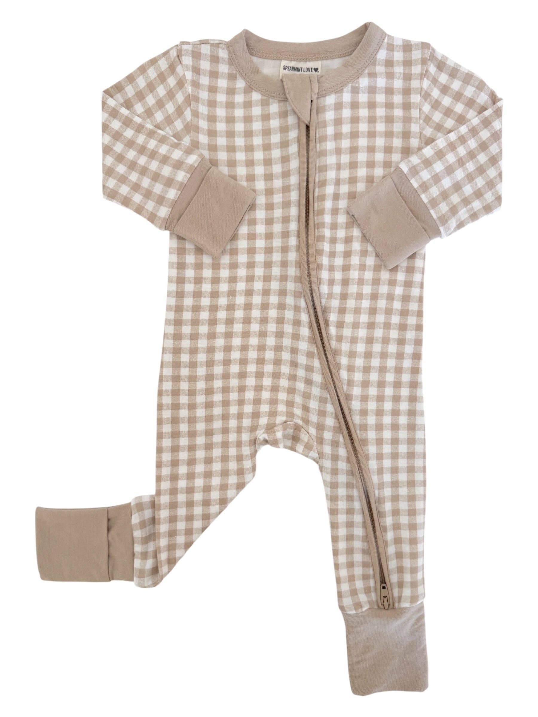 SpearmintLOVE - 2-Way Convertible Zip Romper, Tan Gingham