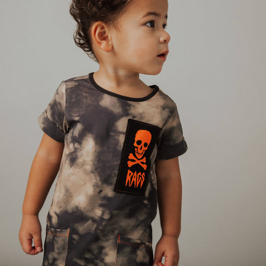 RAGS - Short Sleeve Hip Pocket Rag Romper - Vintage Bleach w/Neon Skull: 2T