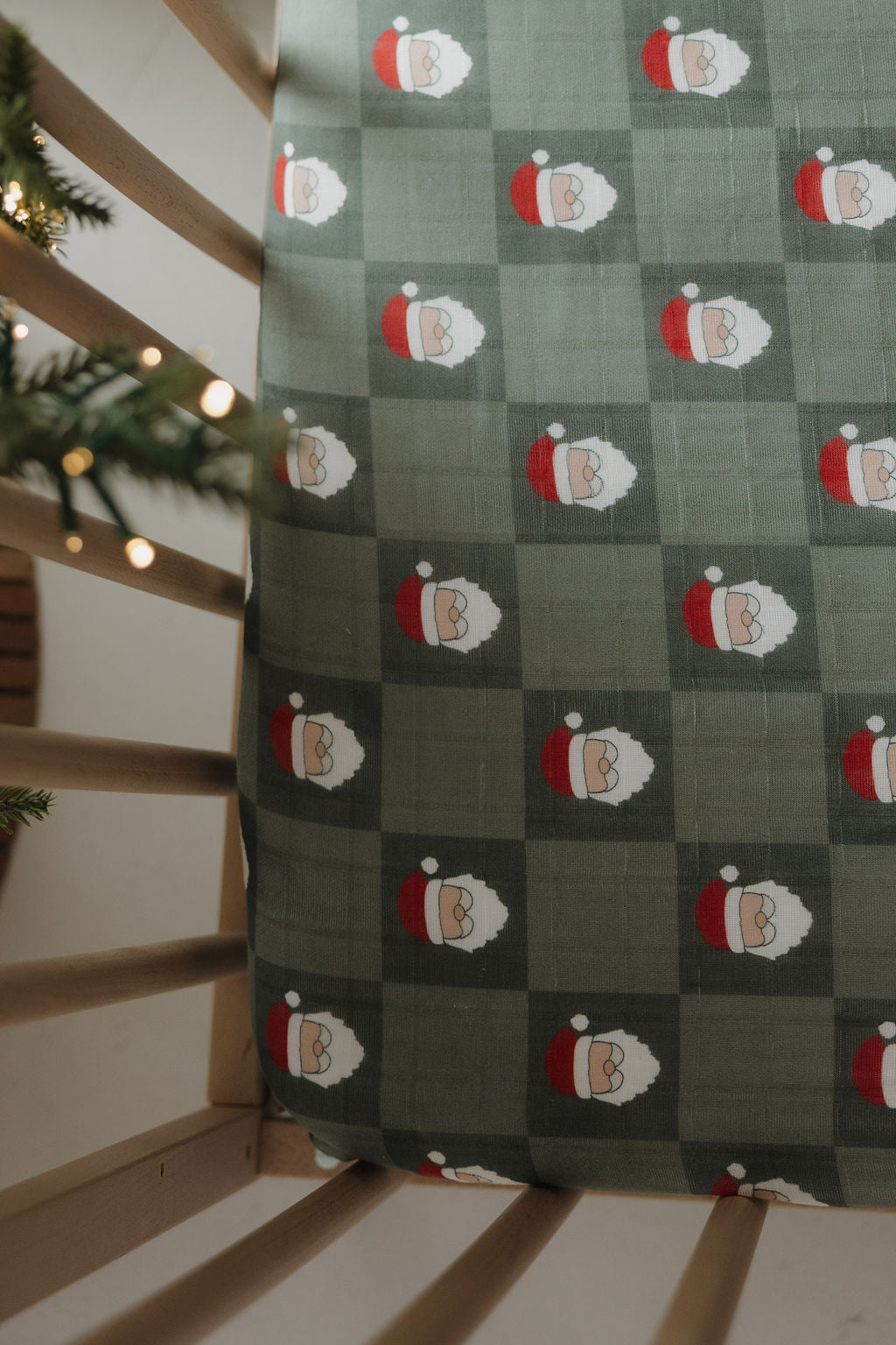 Muslin Crib Sheet | Santa Checkerboard
