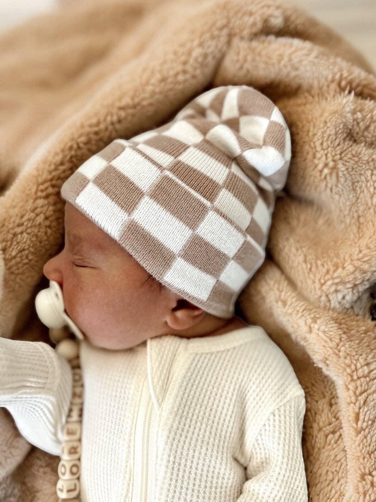 SpearmintLOVE - Baby's First Hat, Tan/Warm White Checkerboard