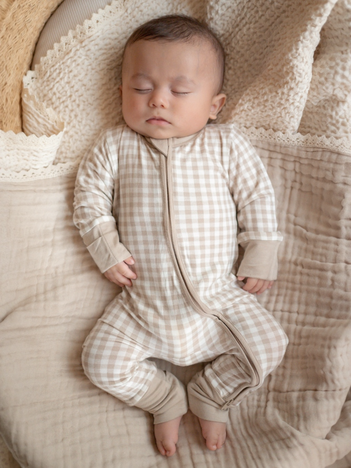 SpearmintLOVE - 2-Way Convertible Zip Romper, Tan Gingham
