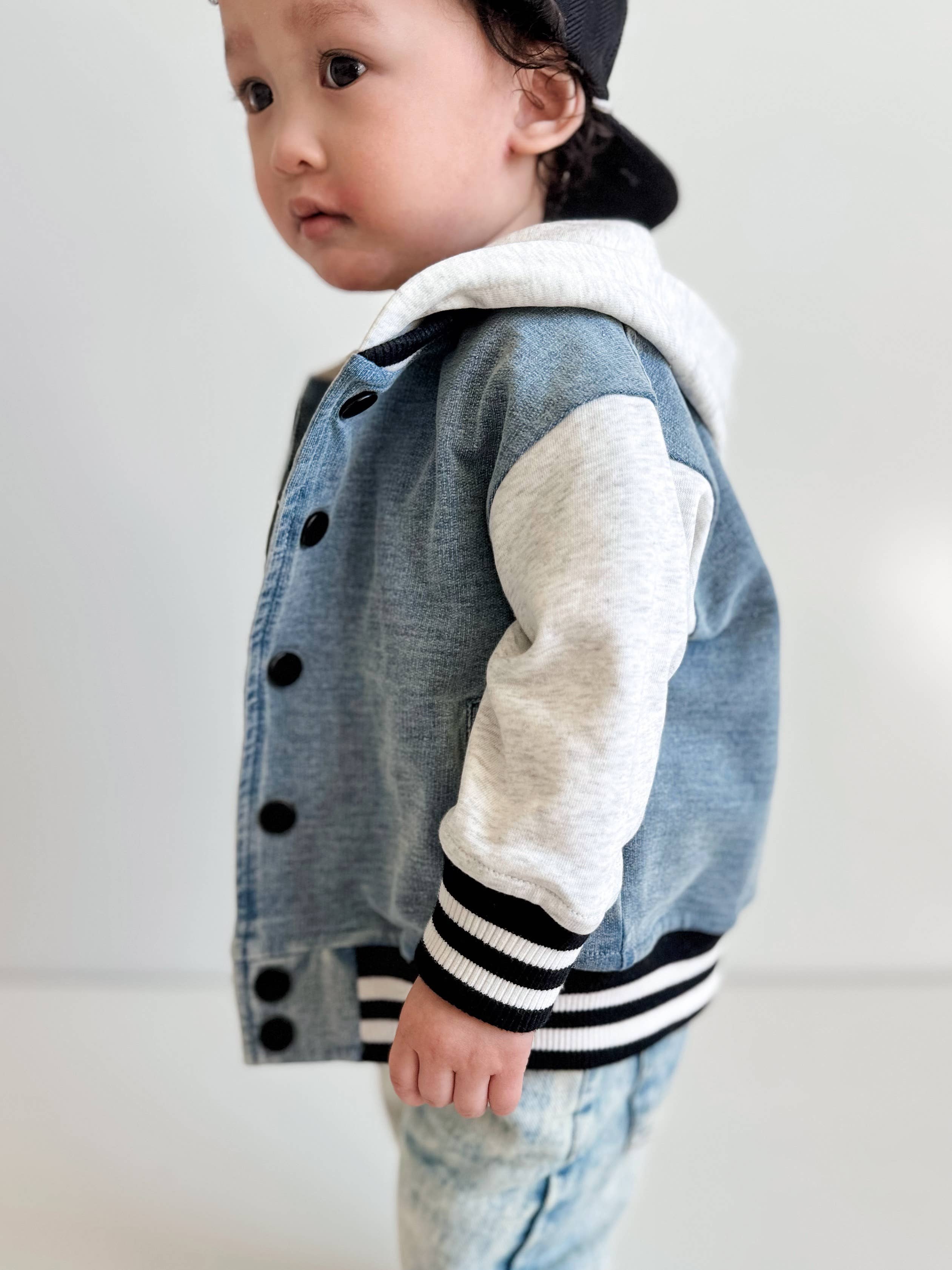 Lucky Link - Toddler Washed Indigo Hooded Varsity Bomber