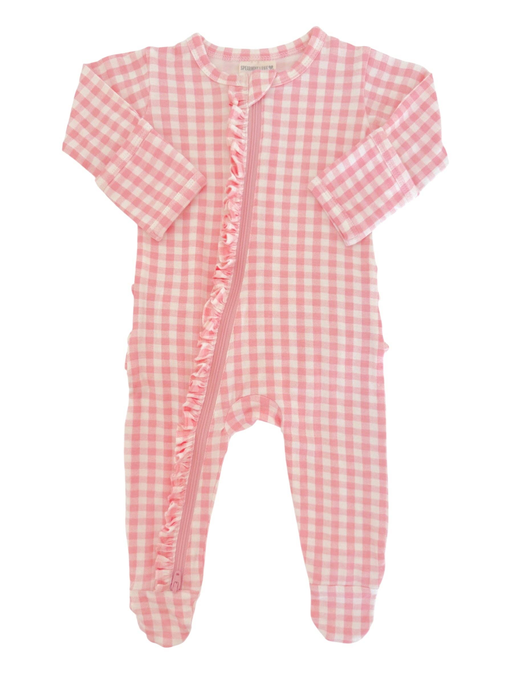 SpearmintLOVE - 2-Way Zip Ruffle Footie, Pink Gingham