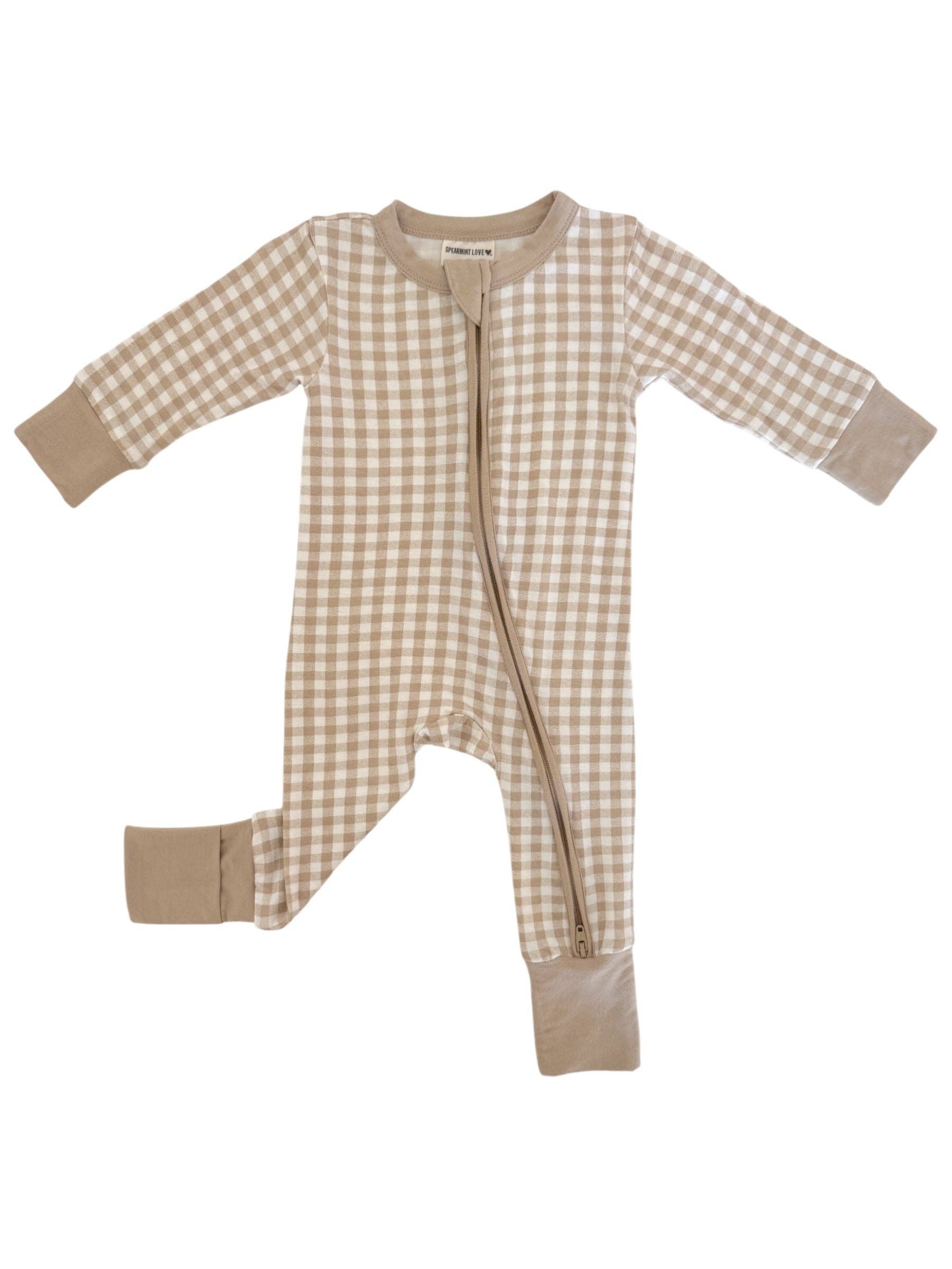 SpearmintLOVE - 2-Way Convertible Zip Romper, Tan Gingham