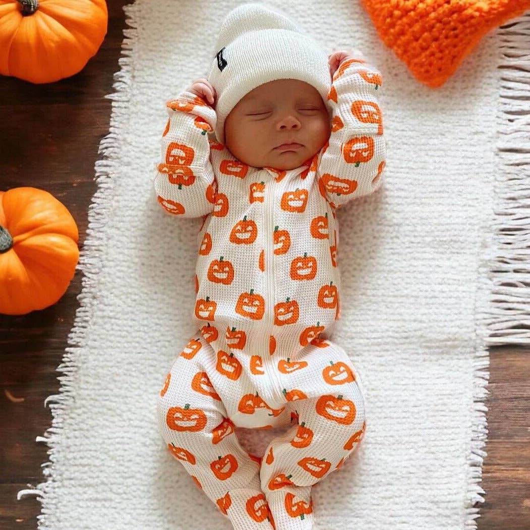 SpearmintLOVE - Organic Waffle Basic Zip Footie, Jack-O-Lantern