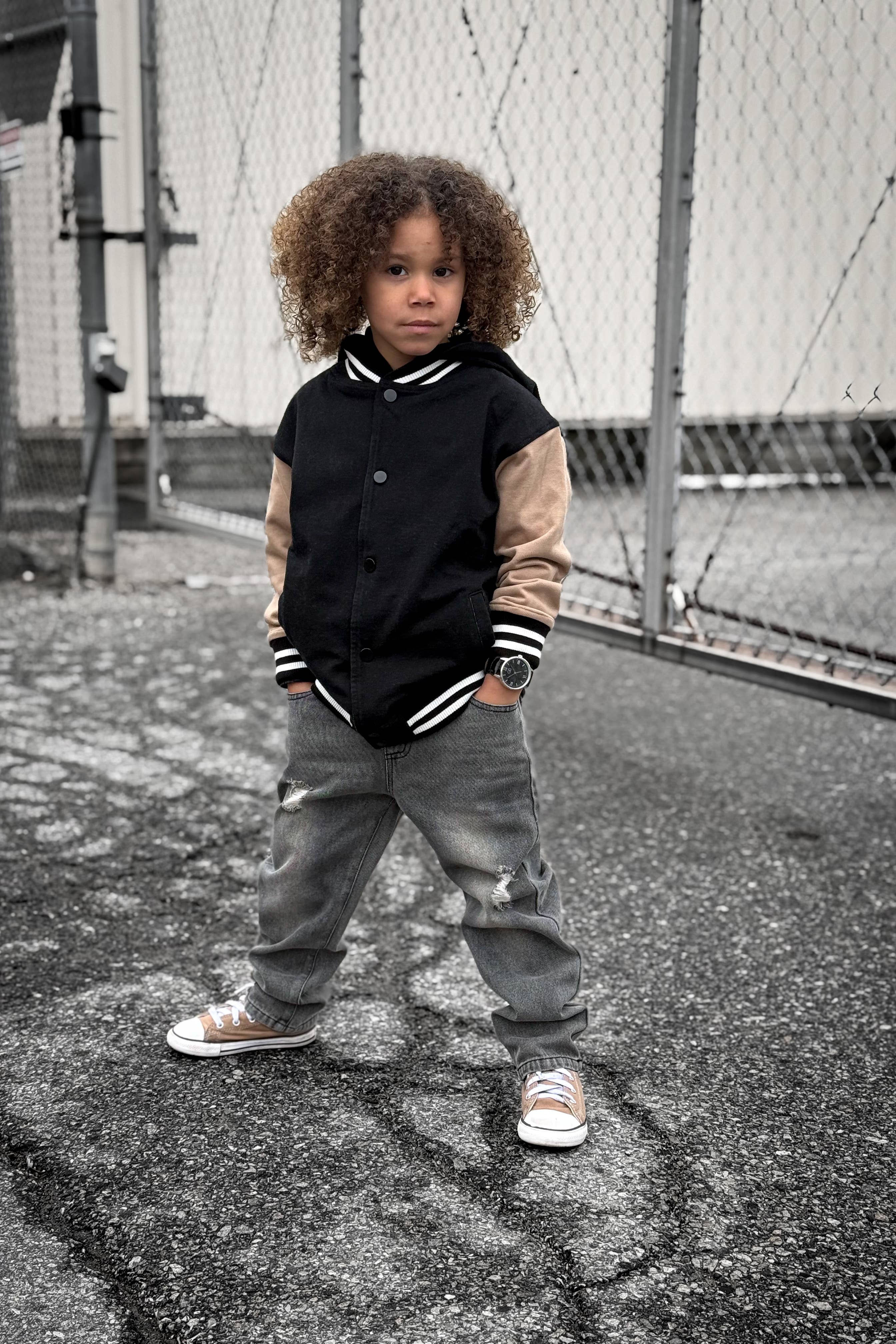Lucky Link - Toddler Black & Tan Hooded Varsity Bomber