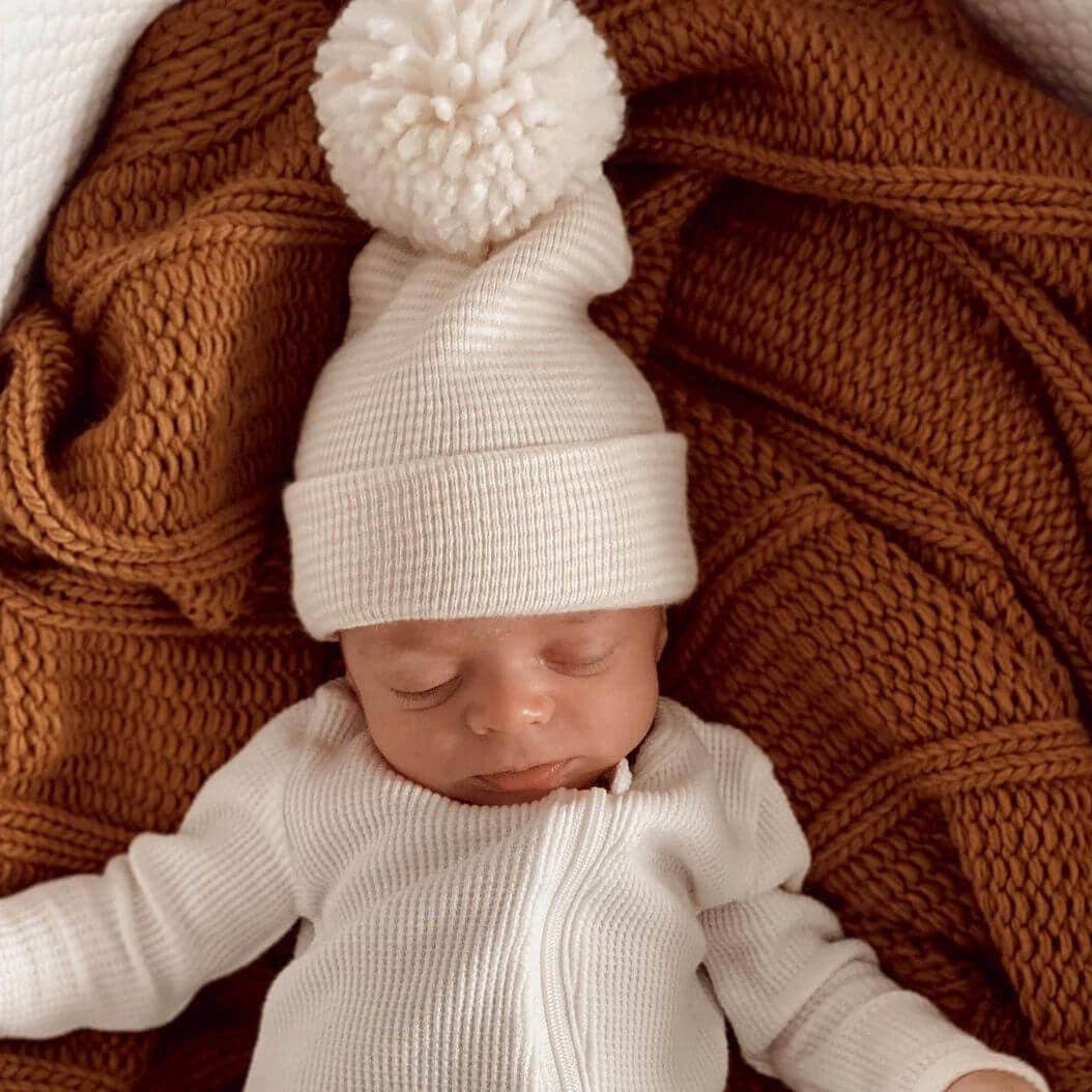 SpearmintLOVE - Baby's First Hat, Sand/White Stripe Pom