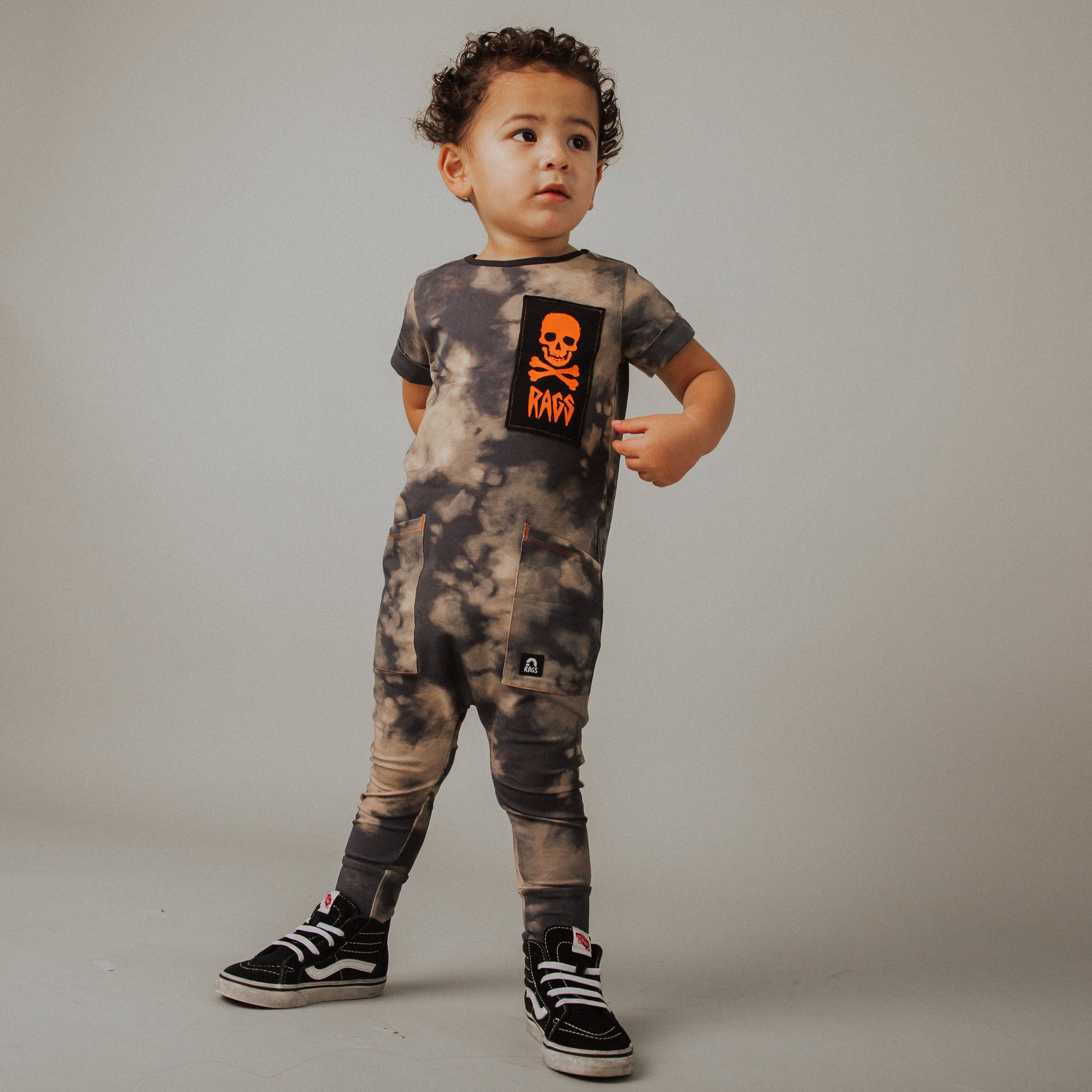 RAGS - Short Sleeve Hip Pocket Rag Romper - Vintage Bleach w/Neon Skull: 2T