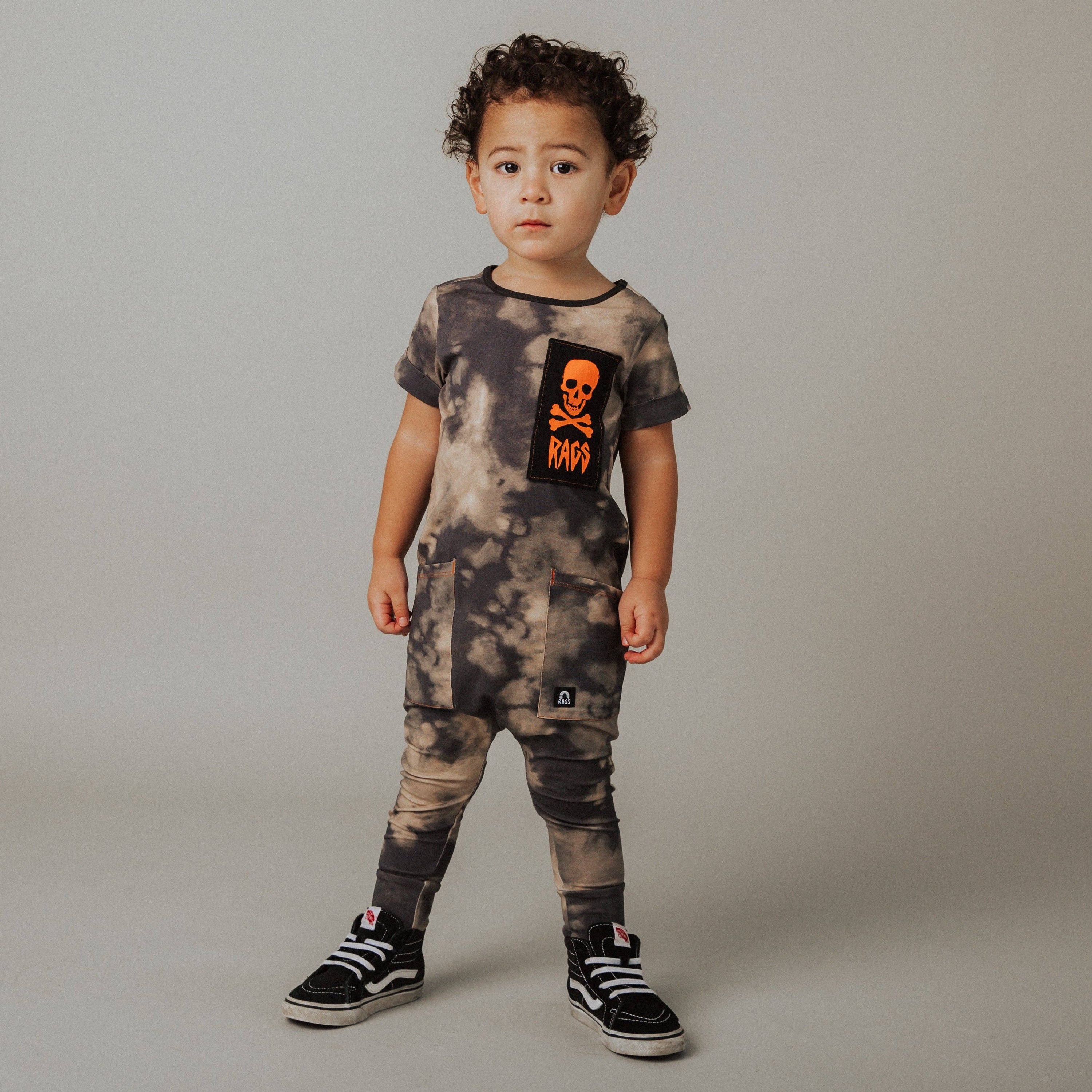 RAGS - Short Sleeve Hip Pocket Rag Romper - Vintage Bleach w/Neon Skull: 2T