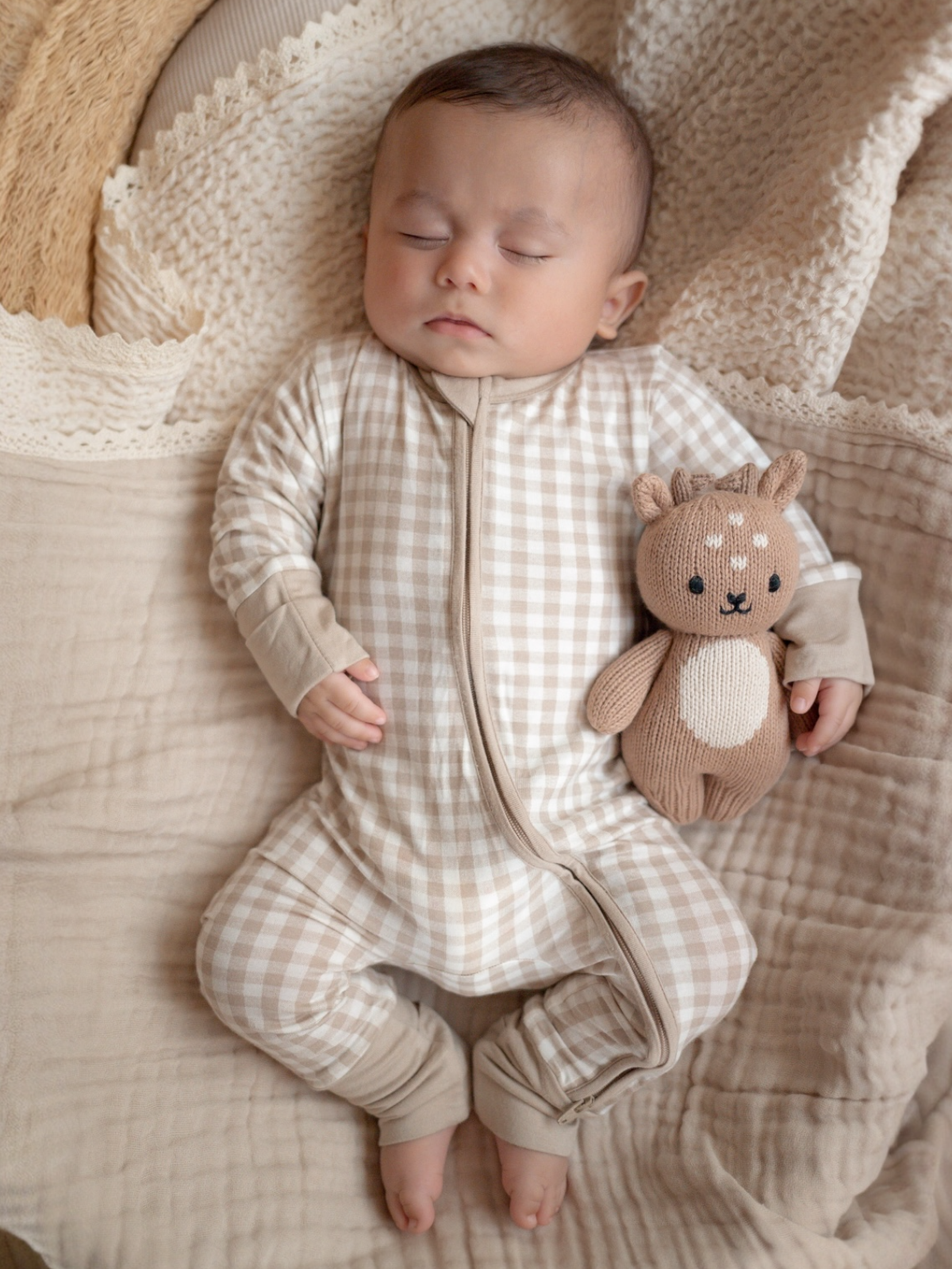 SpearmintLOVE - 2-Way Convertible Zip Romper, Tan Gingham
