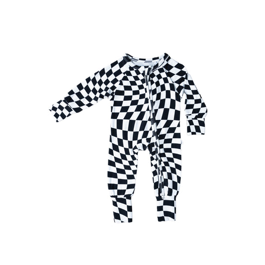 B&W Wavy Checker | Bamboo Zip Romper