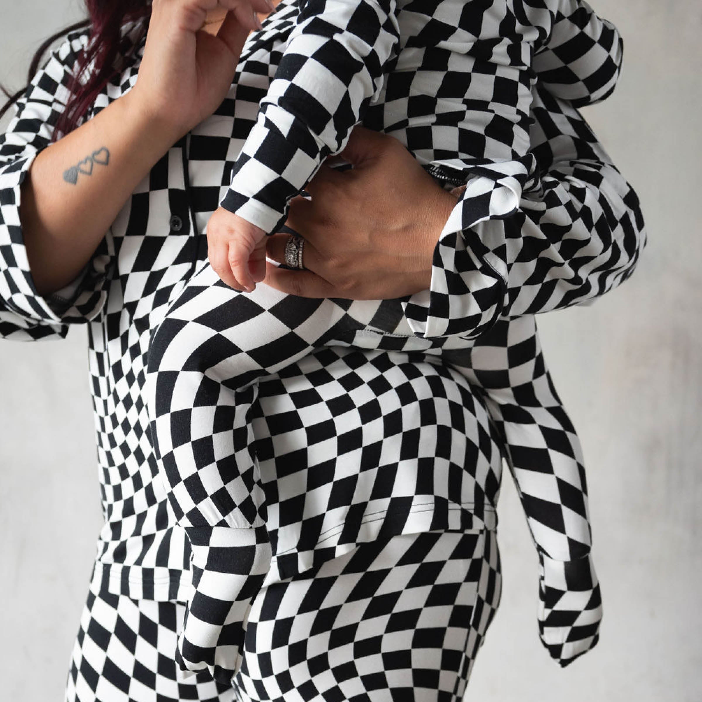 B&W Wavy Checker | Bamboo Zip Romper