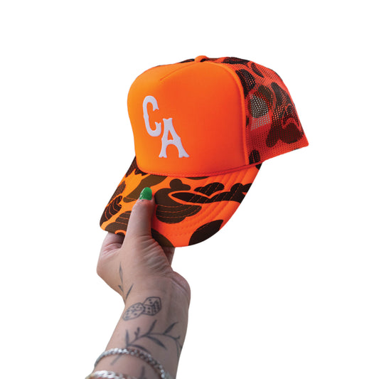 CA | Trucker Hat (Neon Orange Camo)