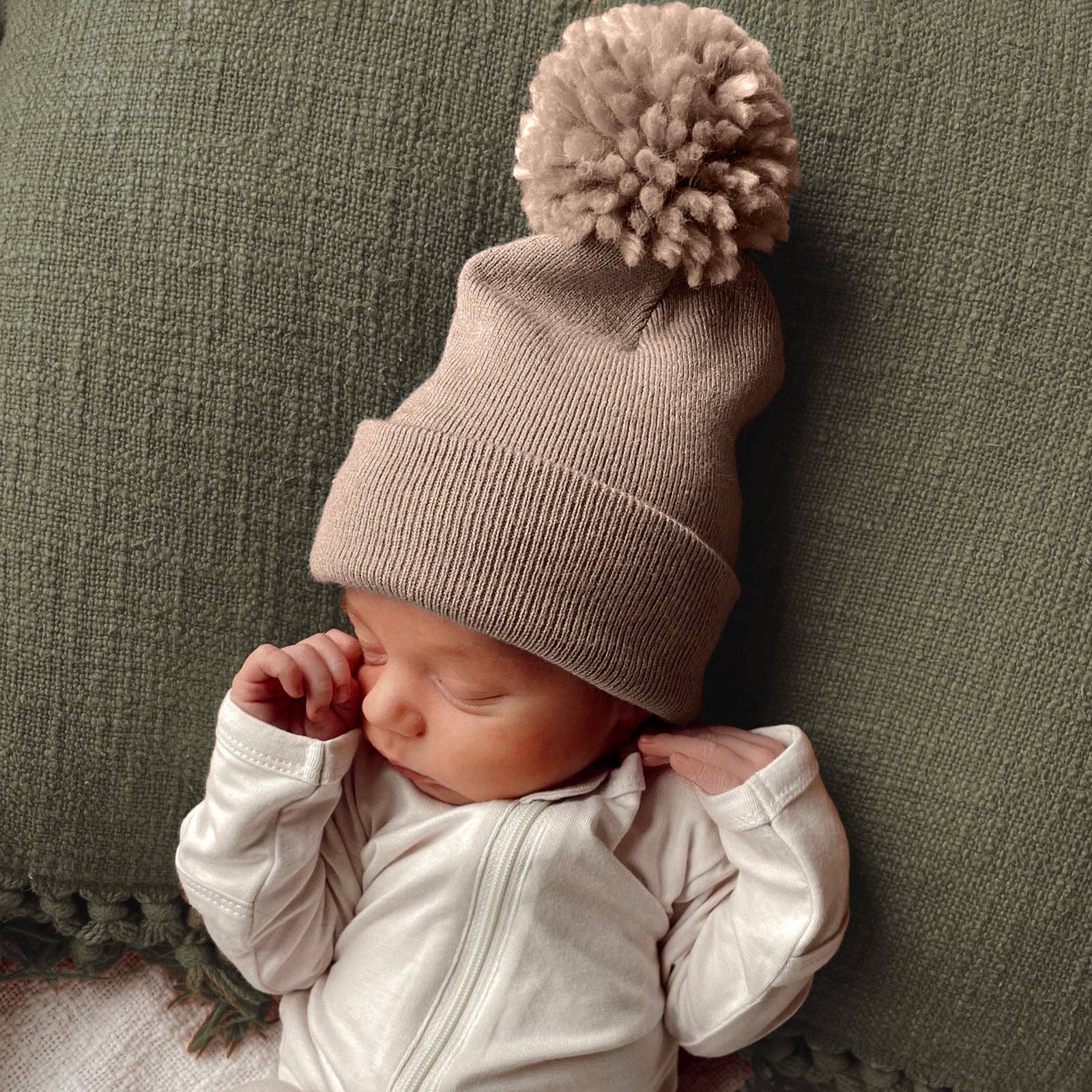 SpearmintLOVE - Baby's First Hat, Tan Pom
