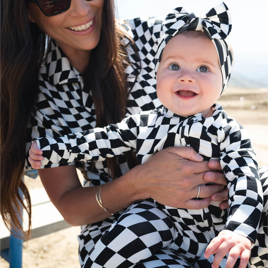 B&W Wavy Checker | Bamboo Zip Romper