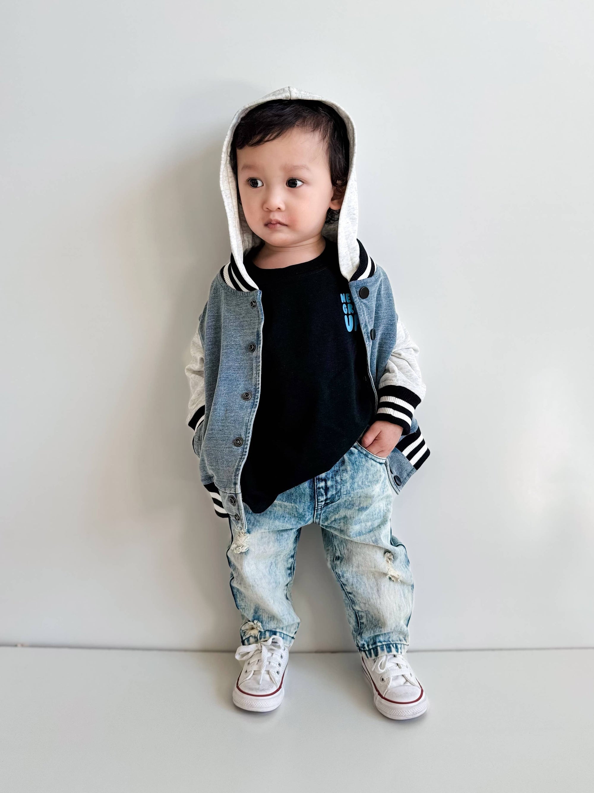 Lucky Link - Toddler Washed Indigo Hooded Varsity Bomber