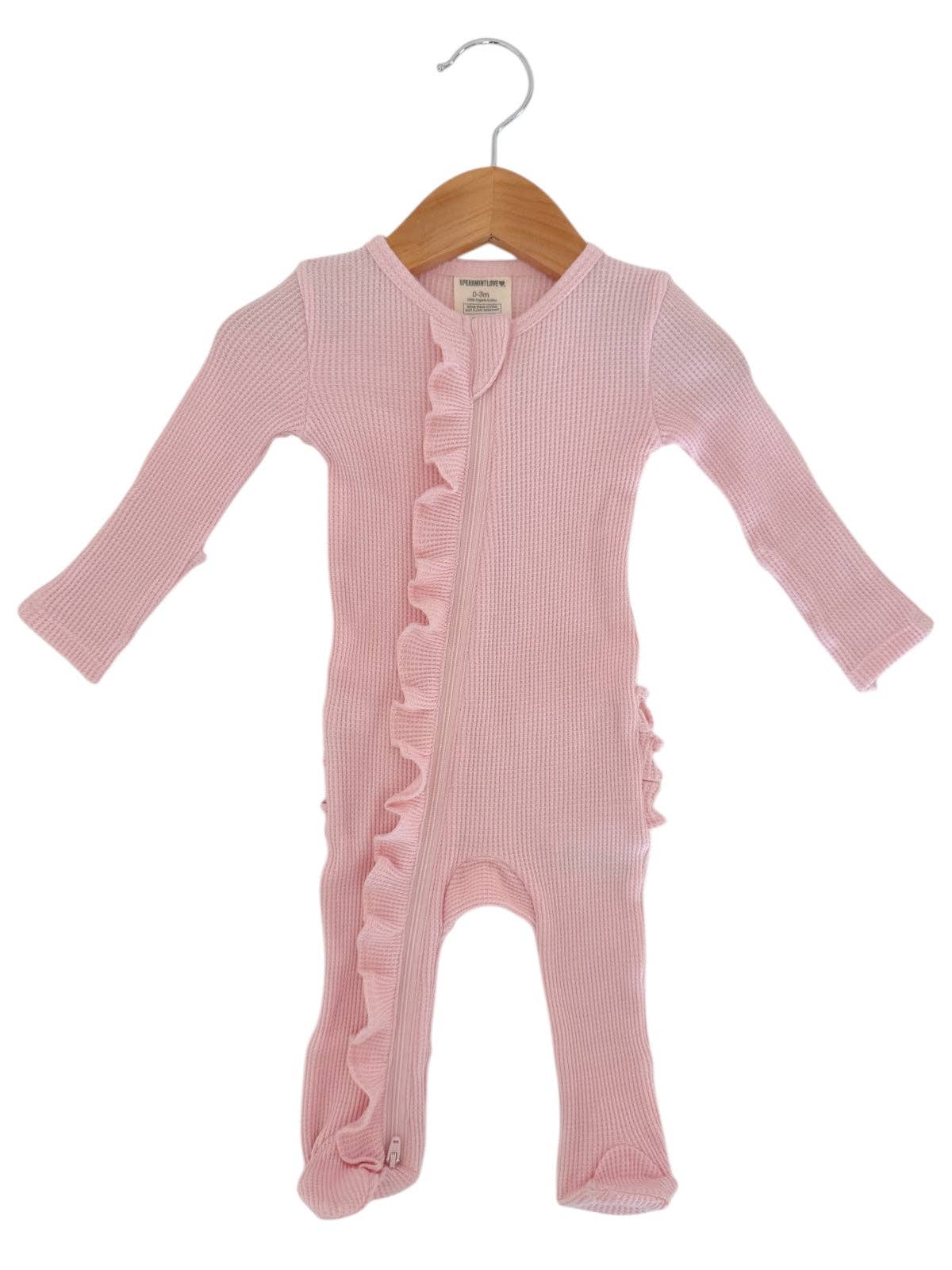 SpearmintLOVE - Organic Waffle 2-Way Zip Ruffle Footie, Blush