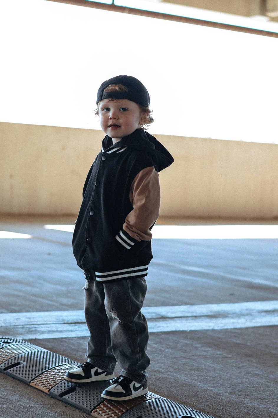 Lucky Link - Toddler Black & Tan Hooded Varsity Bomber